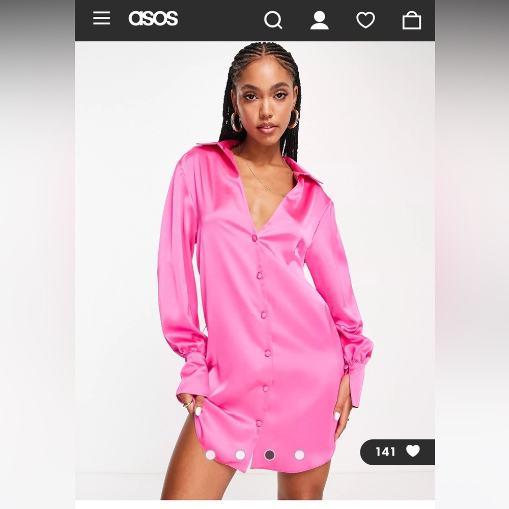 ASOS DESIGN slouchy satin plunge shirt mini dress in hot pink